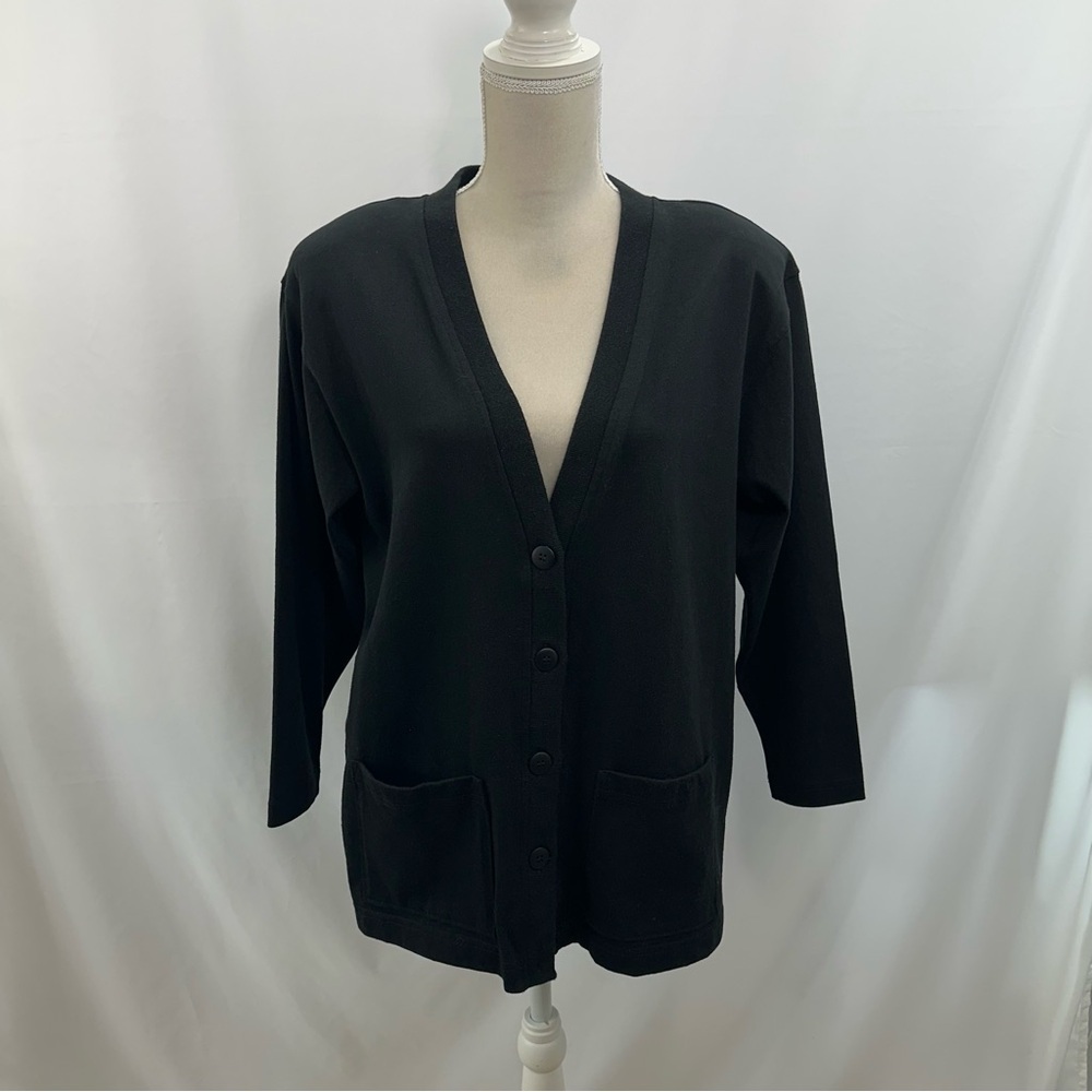 Vintage Hunt Club Black Cotton Cardigan Women’s Medium Padded Shoulders V Neck